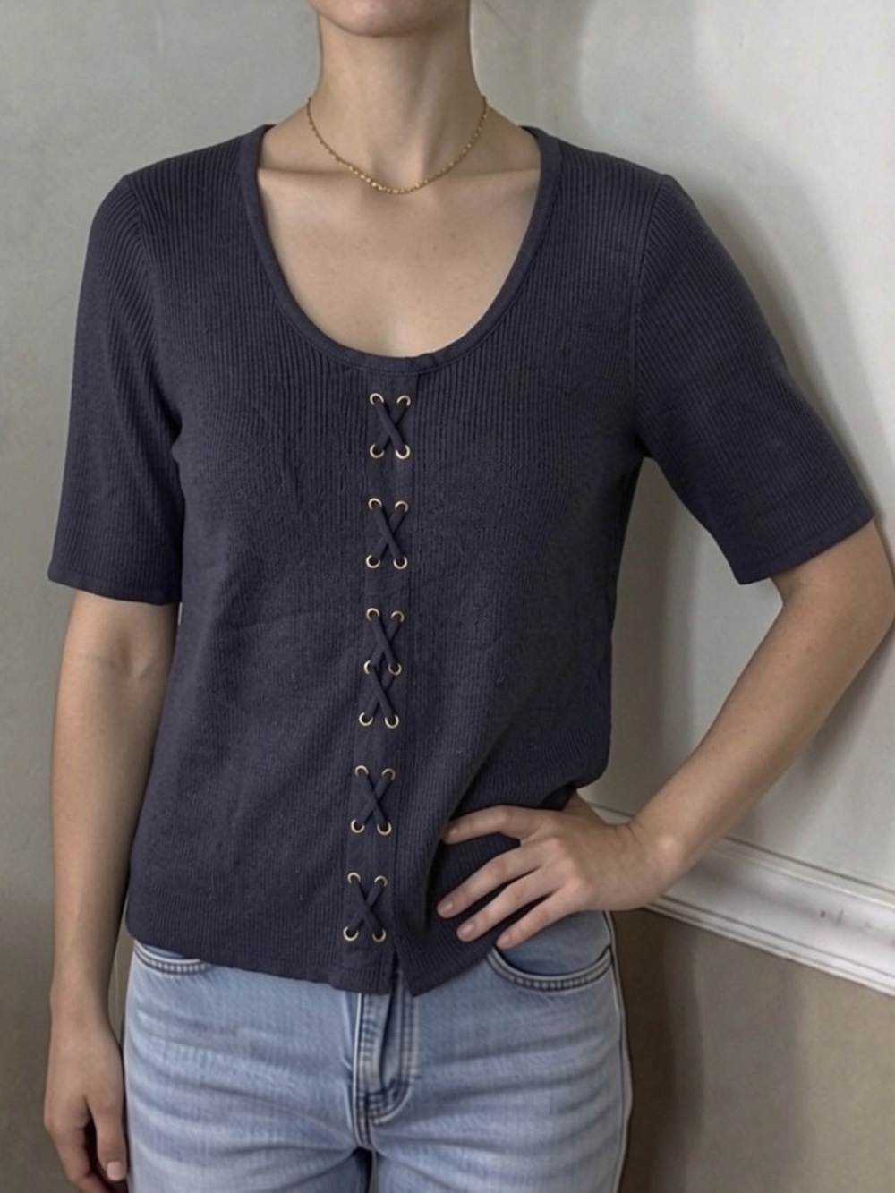 🤎 5 for $20! Women's Navy Ribbed Short-Sleeve Top with Front Lace-Up Detail